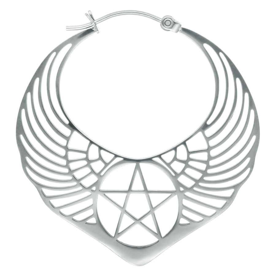Orecchino argento con design di pentagramma alato su sfondo bianco