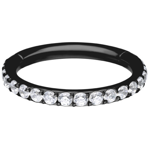 Anello Piercing Nero con Cristalli Chiari, 14 mm di Diametro, su Sfondo Bianco