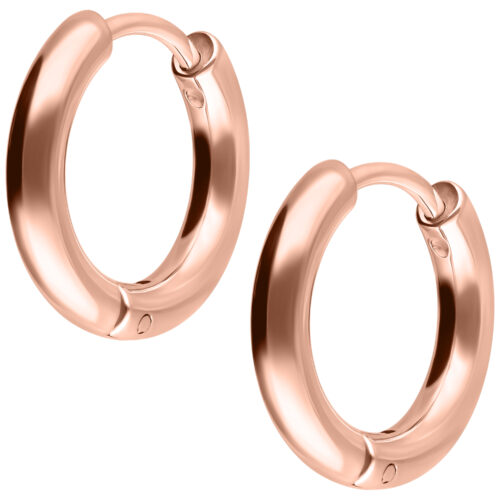 Due lucenti cerchi in oro rosa con diametro di 10 mm su sfondo bianco