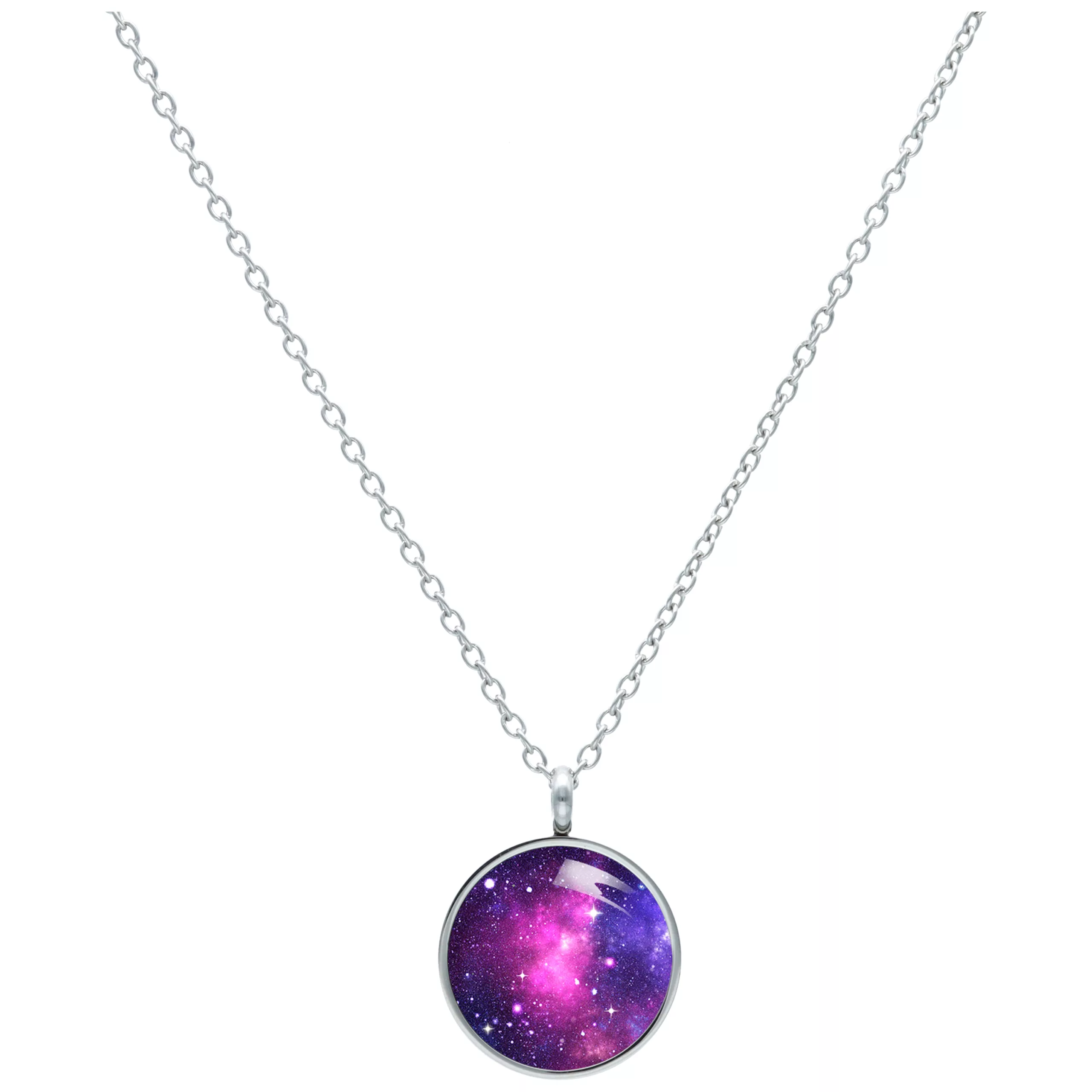 Collana argentata con ciondolo rotondo galaxy rosa-viola su sfondo bianco