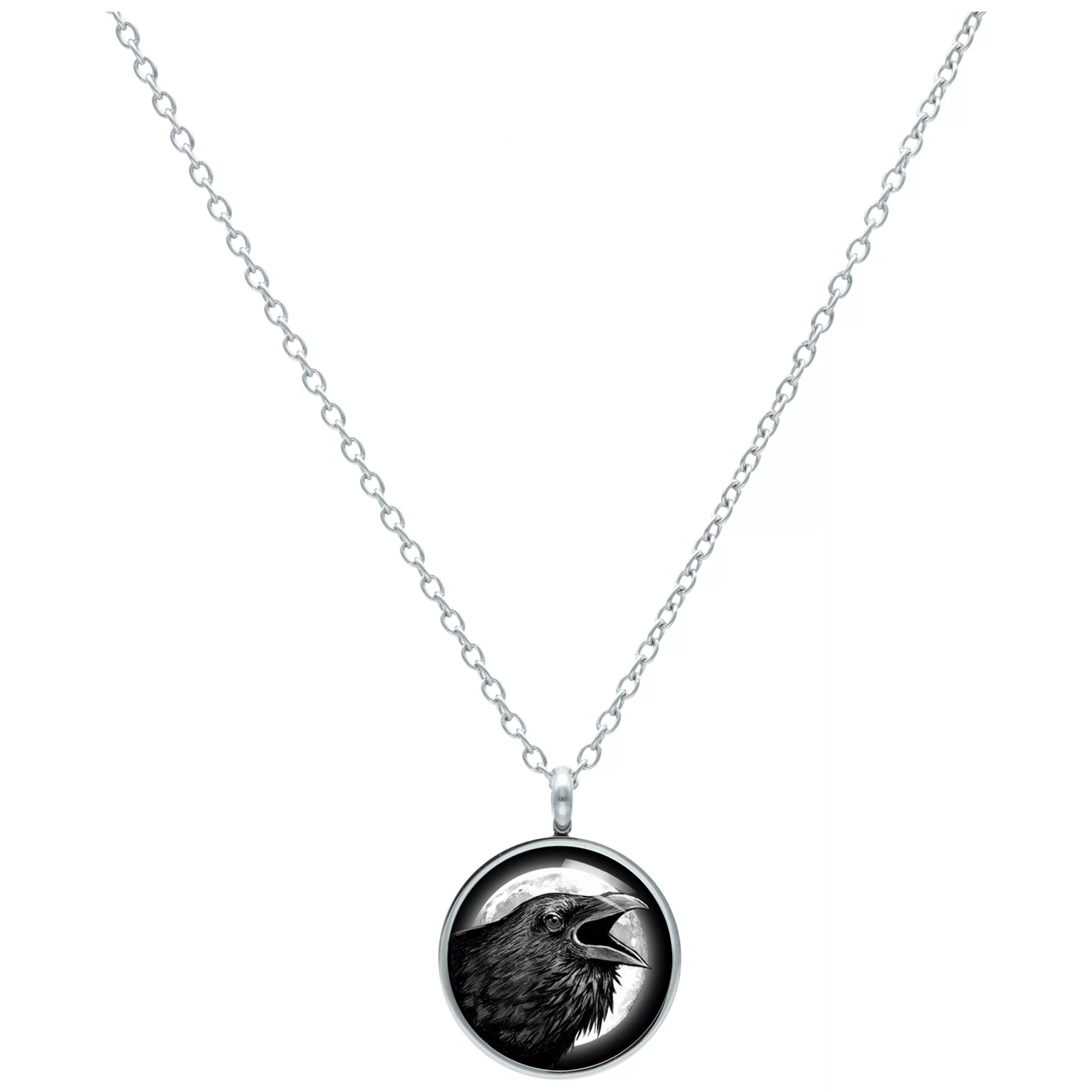 Collana argentata con ciondolo rotondo e motivo di corvo su sfondo bianco