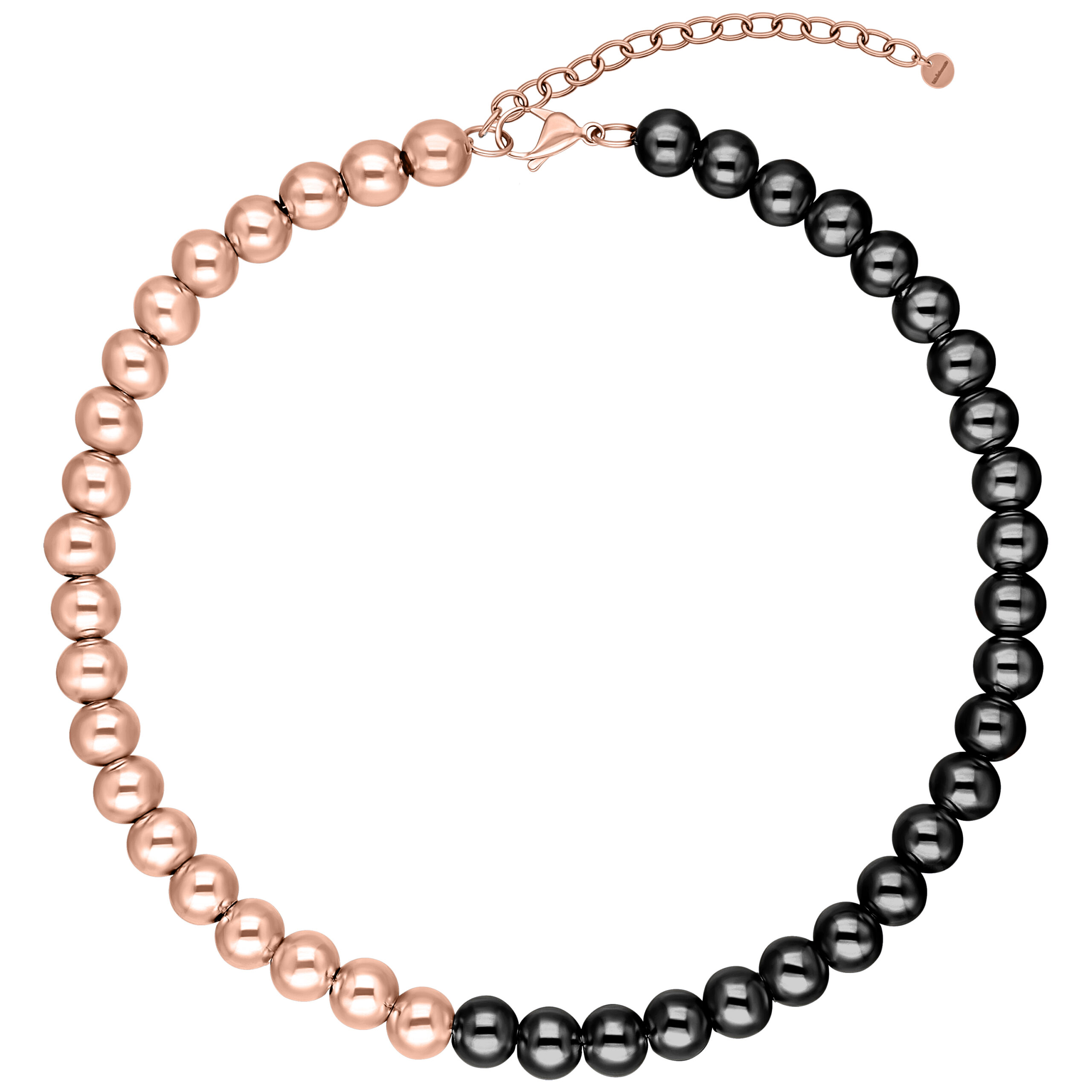 Collana Bubble in Oro Rosa/Nero in Acciaio Chirurgico Collana con sfere alternanti oro rosa e nere su sfondo bianco