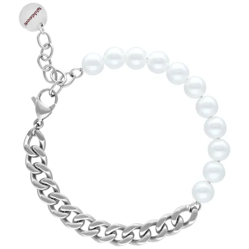 Bracciale Chunky Pearl color argento con perle e maglie su sfondo bianco