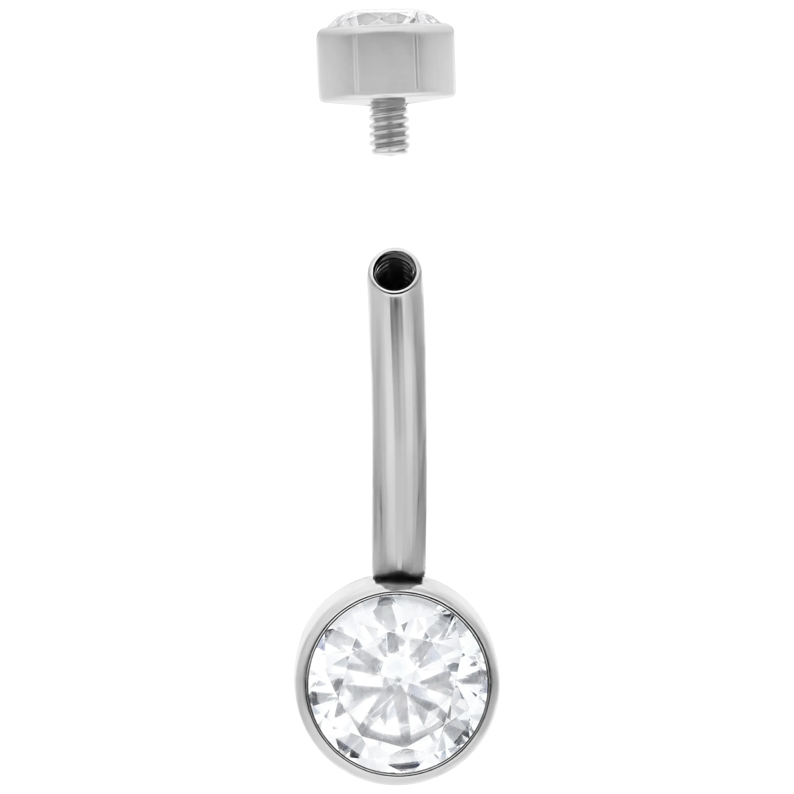 Bananabell in argento con pietra cristallina, filettatura interna, su sfondo bianco