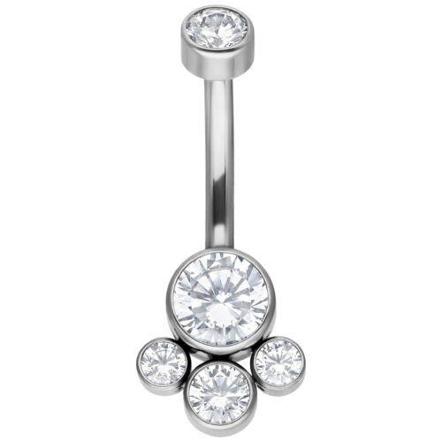 Piercing all'ombelico in titanio argento con cristalli chiari su sfondo bianco