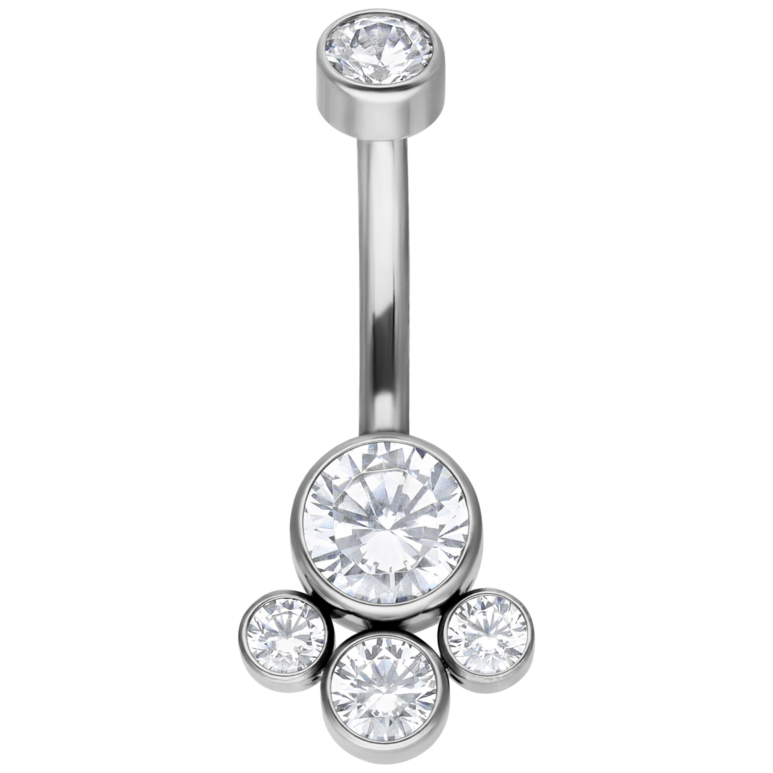Piercing all'ombelico in titanio argento con cristalli chiari su sfondo bianco