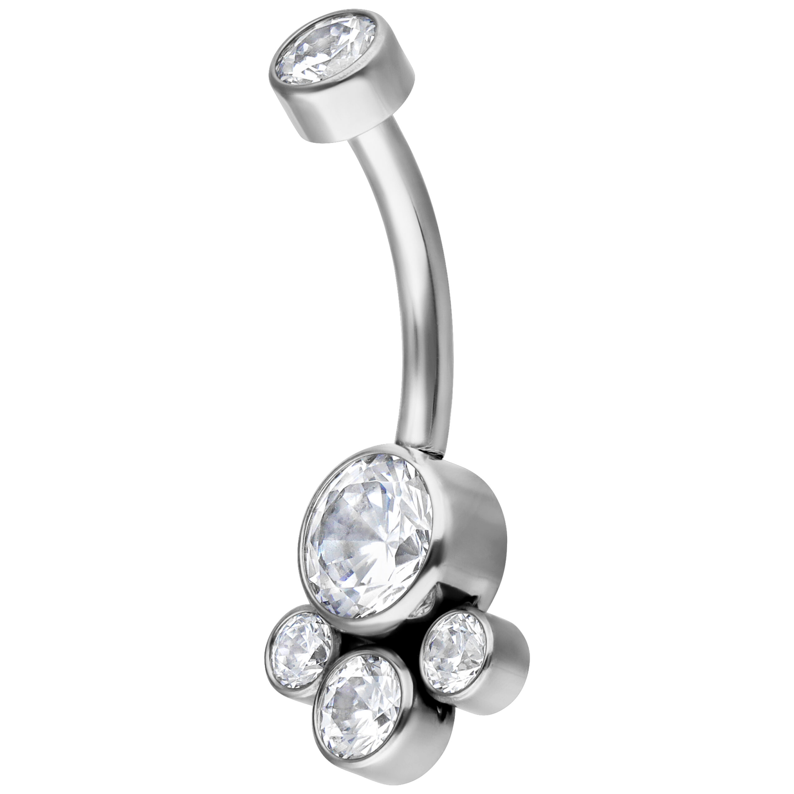 Piercing a banana in titanio con cristalli chiari su sfondo bianco