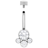 Banana Barbell in argento per ombelico in titanio con cristalli chiari su sfondo bianco