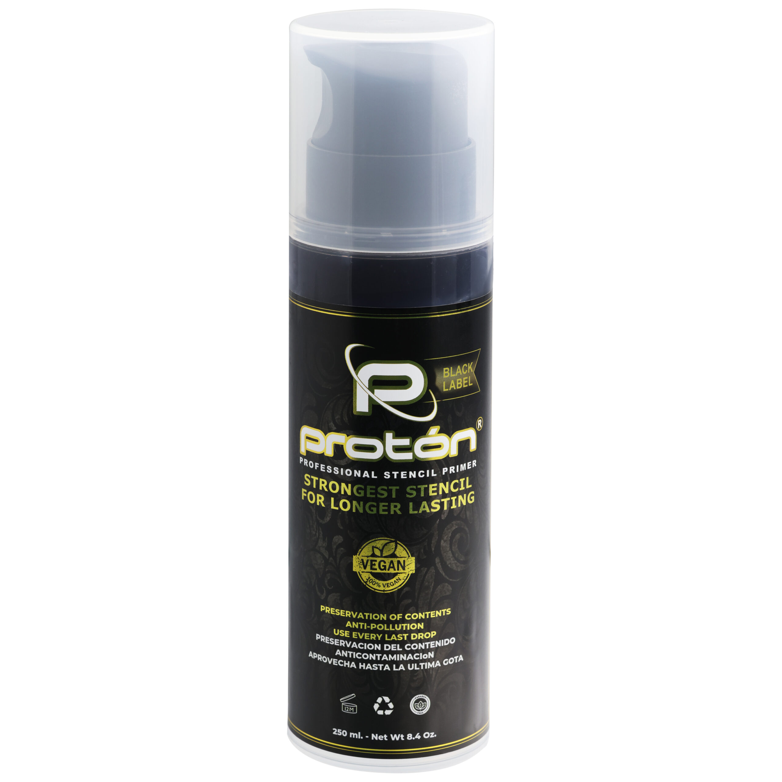 Proton Stencil Nero 250 ml Spray Bomboletta spray Proton Stencil nera, 250 ml, su sfondo bianco