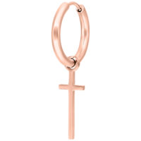 Orecchini in oro rosa con pendente a croce su sfondo bianco