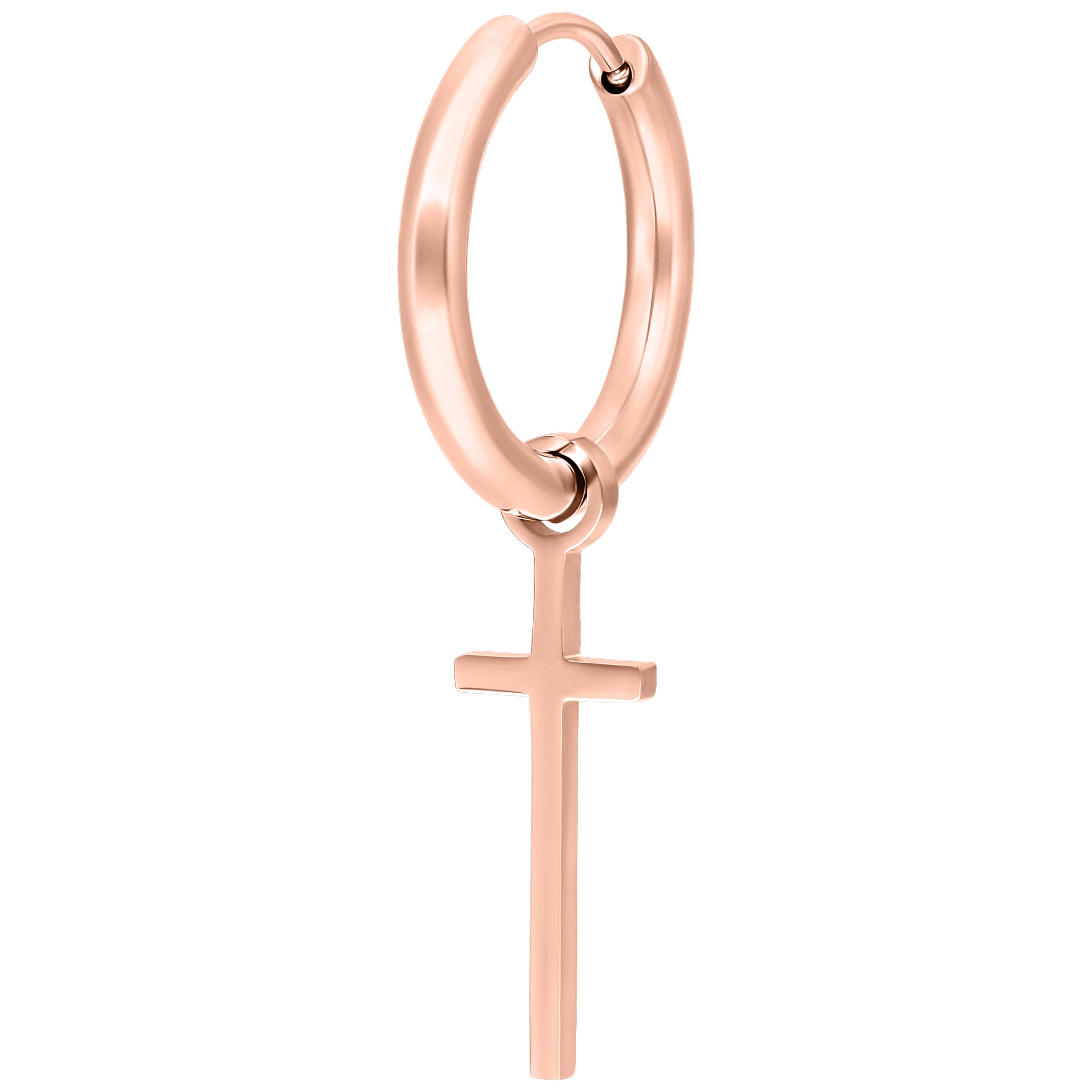 Orecchini in oro rosa con pendente a croce su sfondo bianco