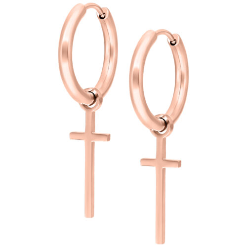 Due orecchini a cerchio in oro rosa con pendente a croce su sfondo bianco