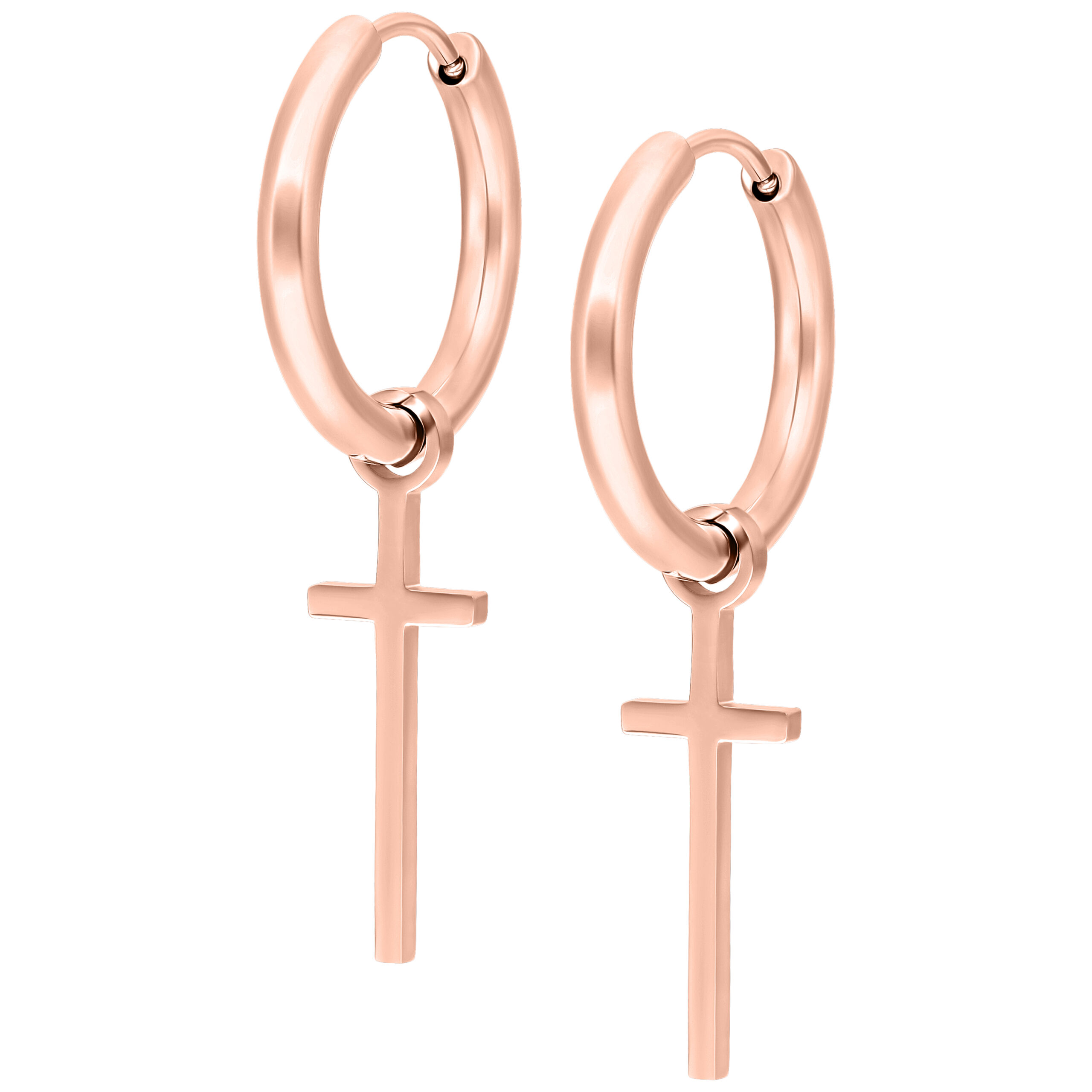 Due orecchini a cerchio in oro rosa con pendente a croce su sfondo bianco