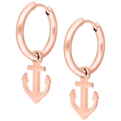 Creole in oro rosa con ciondoli a forma di ancora su sfondo bianco