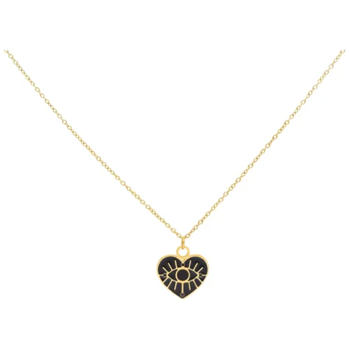 Collana dorata con ciondolo a forma di cuore e motivo a occhi su sfondo bianco