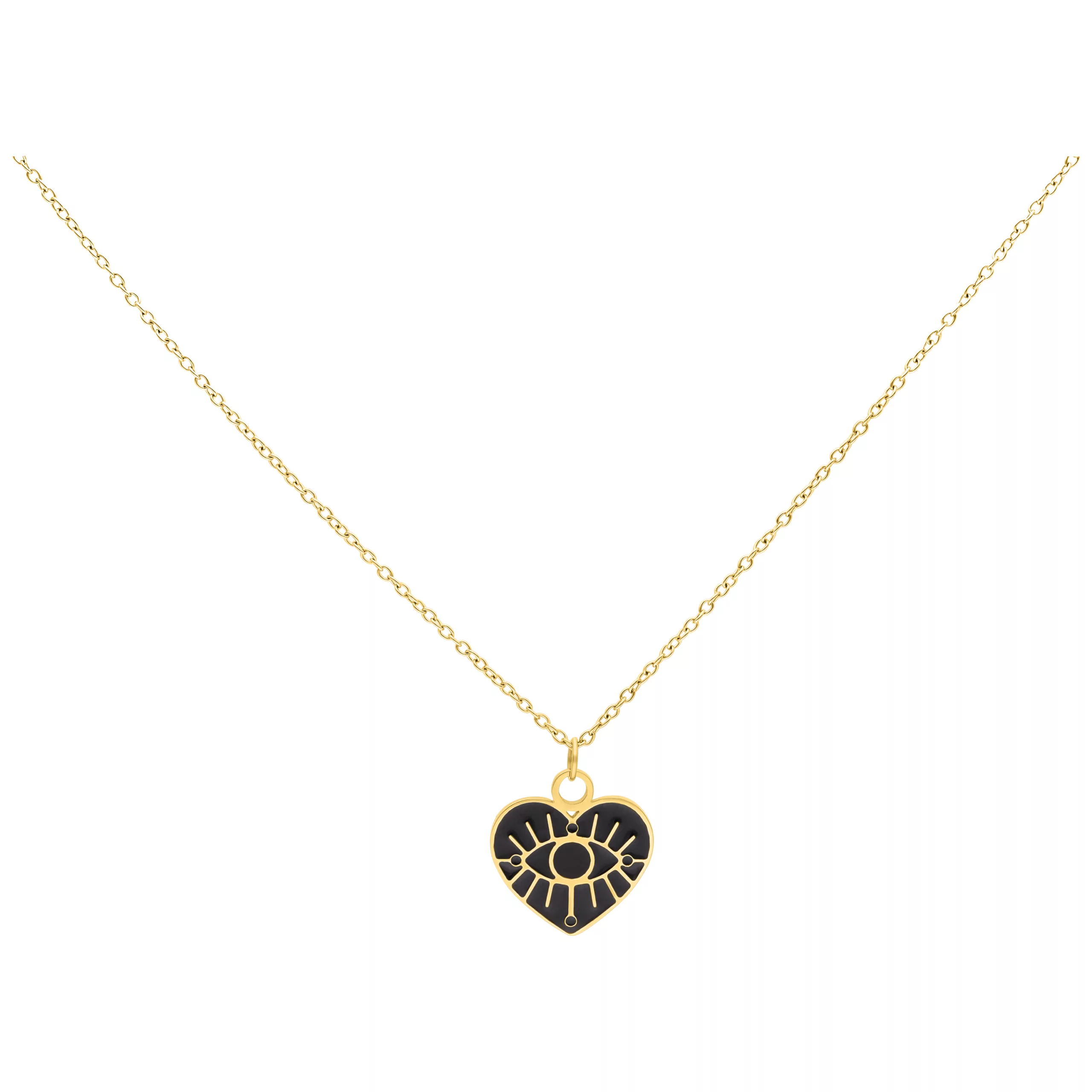 Collana dorata con ciondolo a forma di cuore e motivo a occhi su sfondo bianco