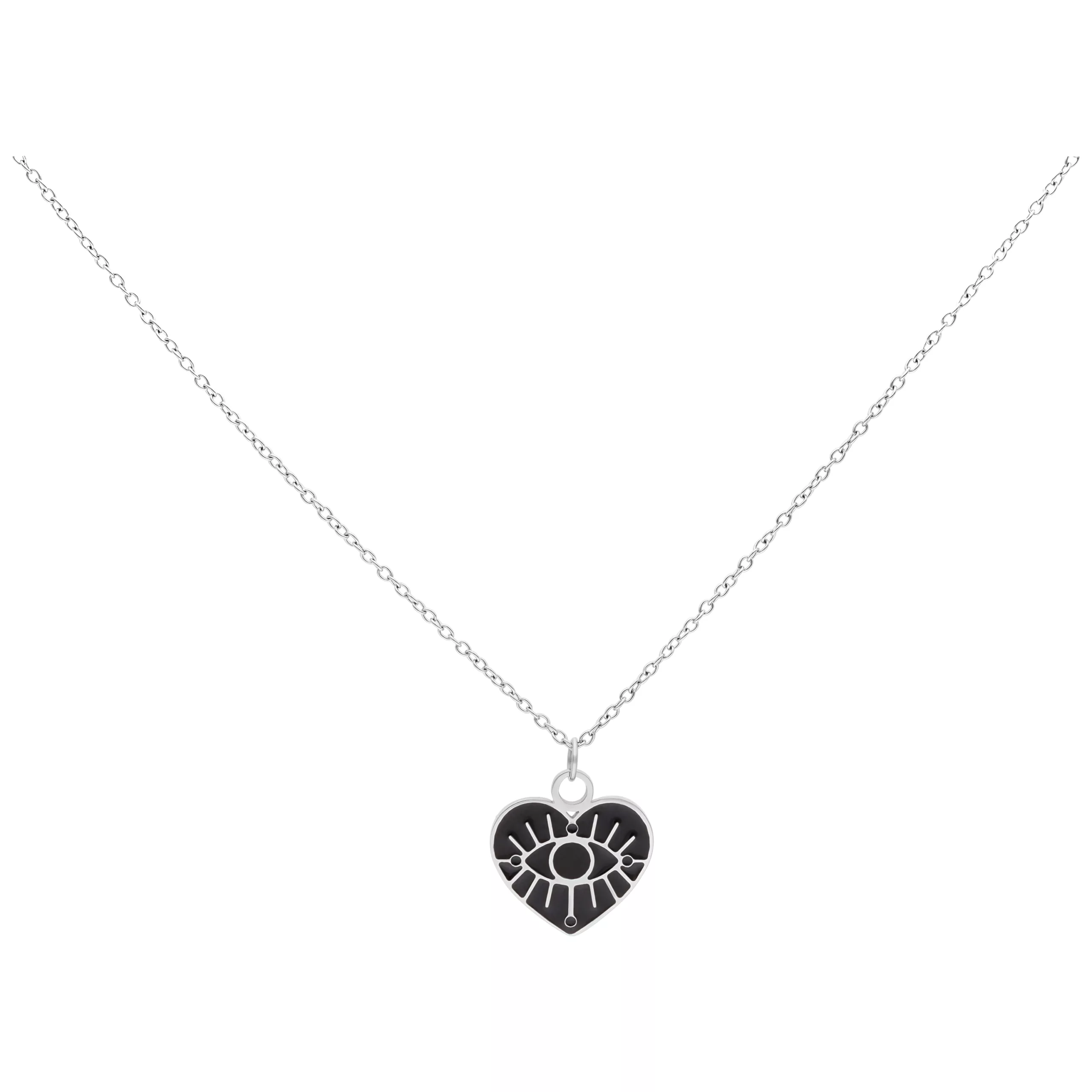 Collana argento con ciondolo a cuore e occhio nero su sfondo bianco