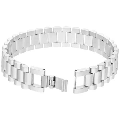 Bracciale in acciaio chirurgico argento con design a maglie su sfondo bianco