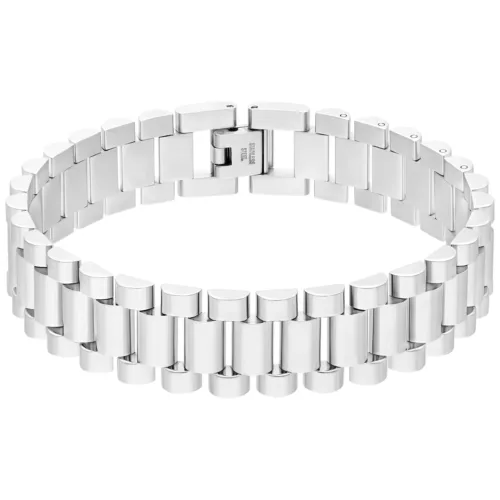 Bracciale unisex in acciaio chirurgico argento su sfondo bianco