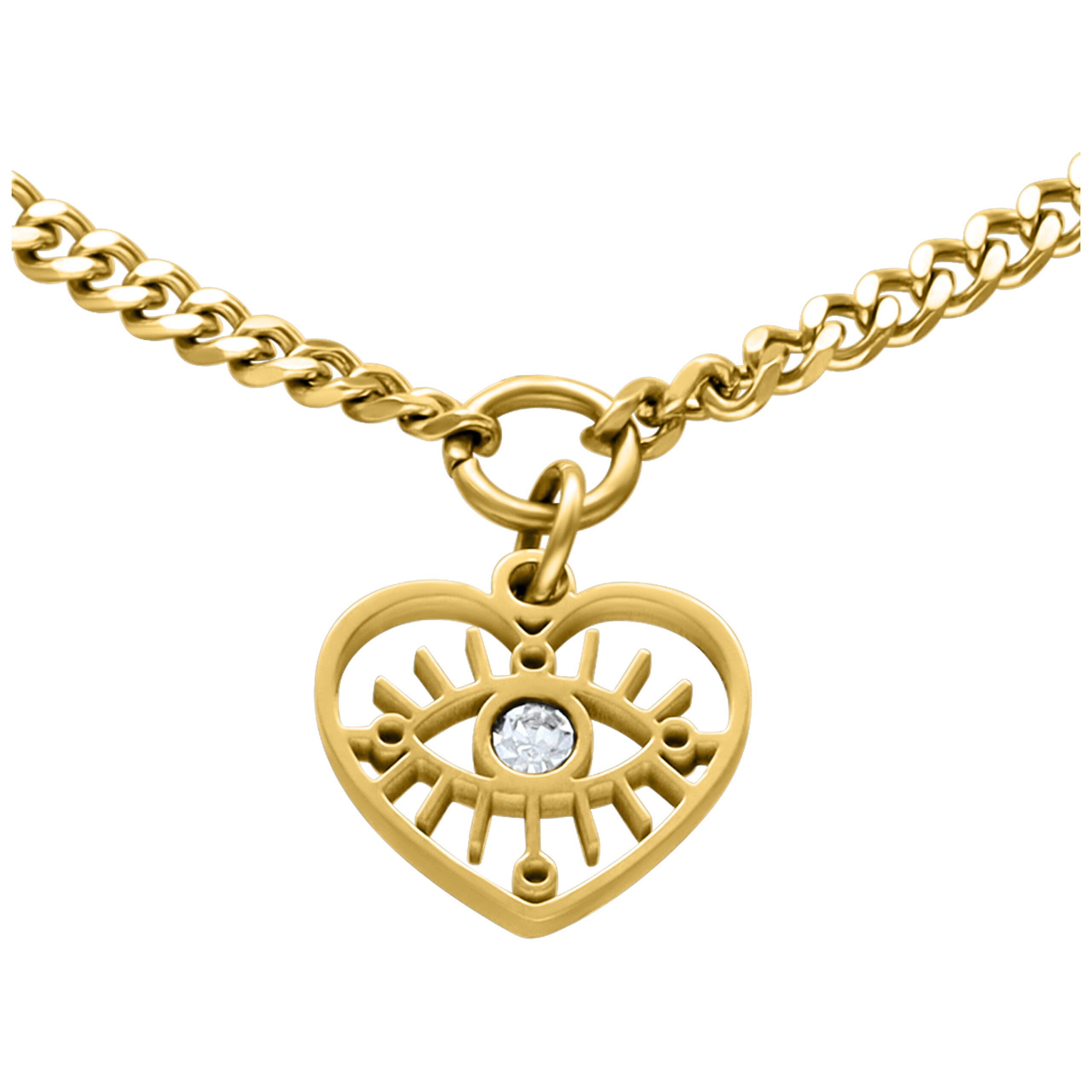 Bracciale dorato con ciondolo a cuore e occhio di cristallo su sfondo bianco