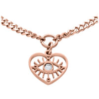 Bracciale in oro rosa con ciondolo a cuore e motivo occhio, cristallo chiaro al centro