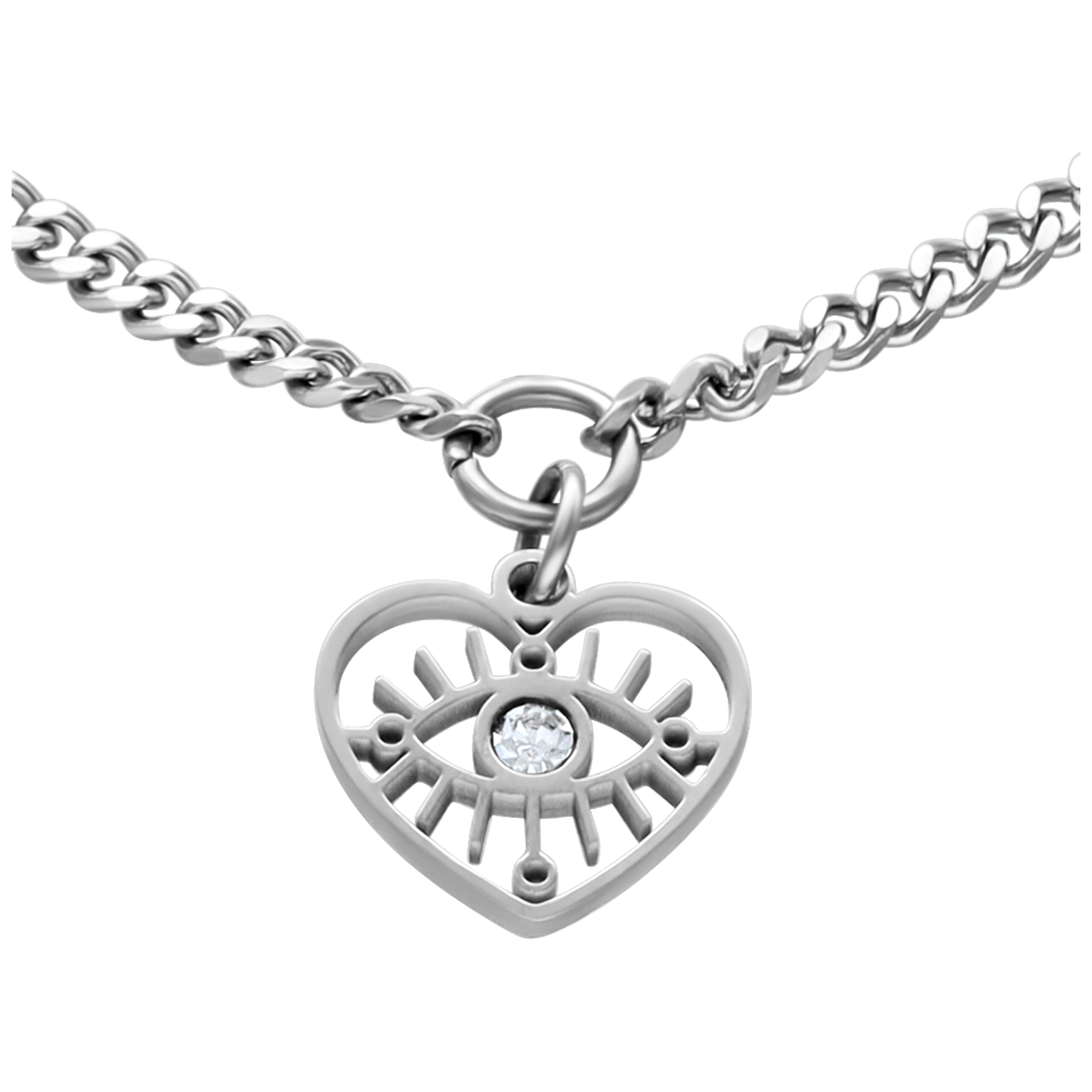 Braccialetto in argento con ciondolo a cuore e cristallo chiaro su sfondo bianco