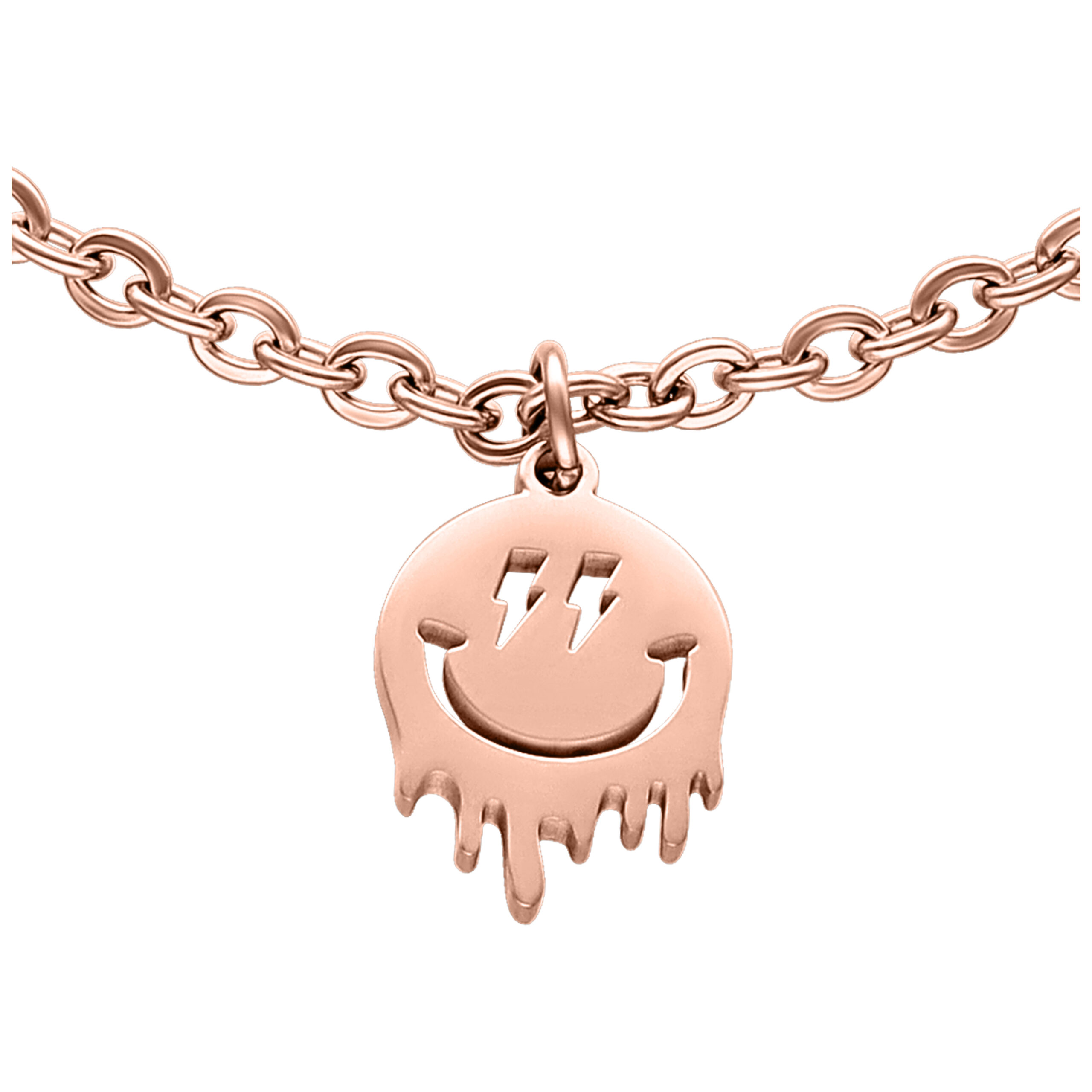 Braccialetto Smiley in oro rosa in acciaio chirurgico su sfondo bianco
