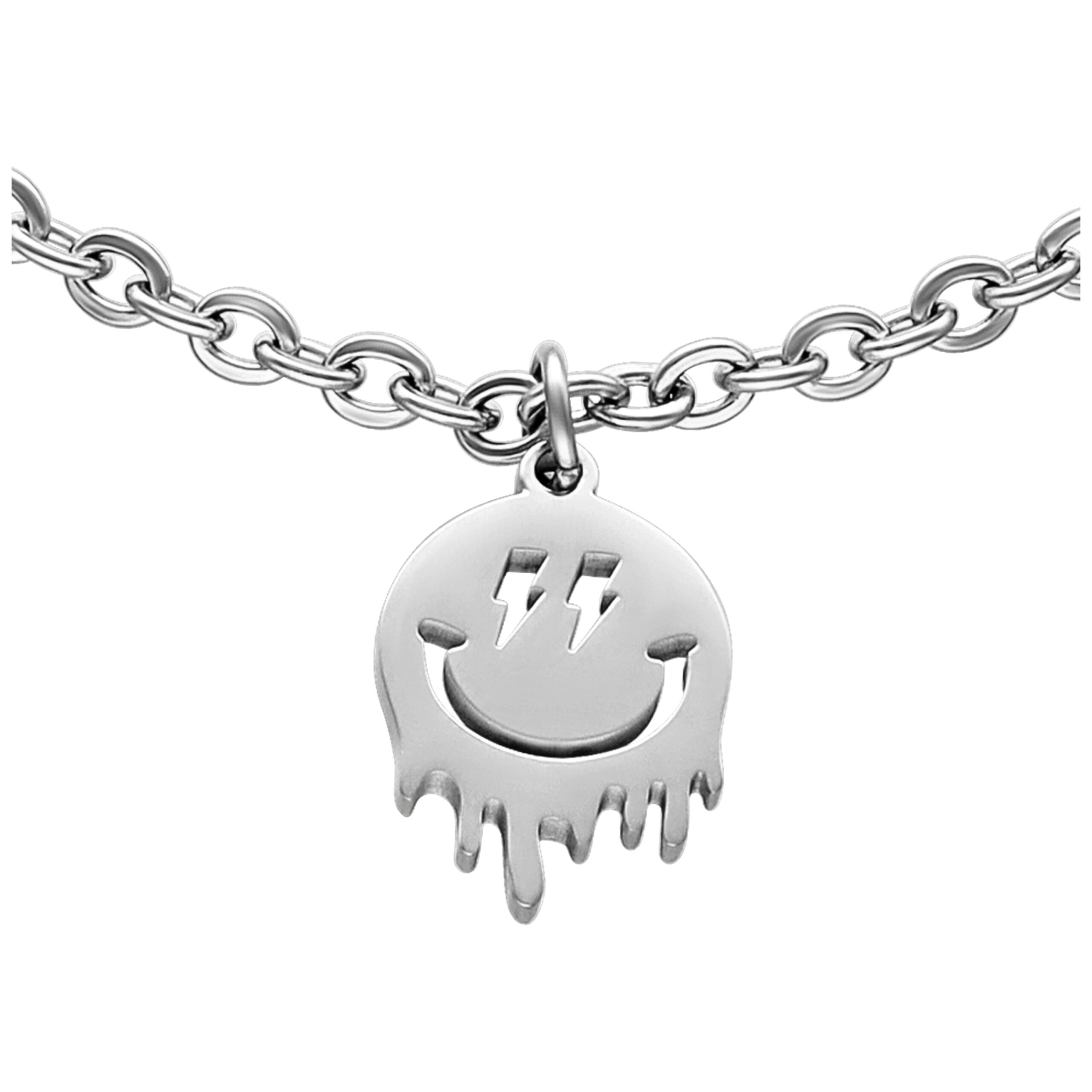 Braccialetto argentato con ciondolo a forma di smiley su sfondo bianco