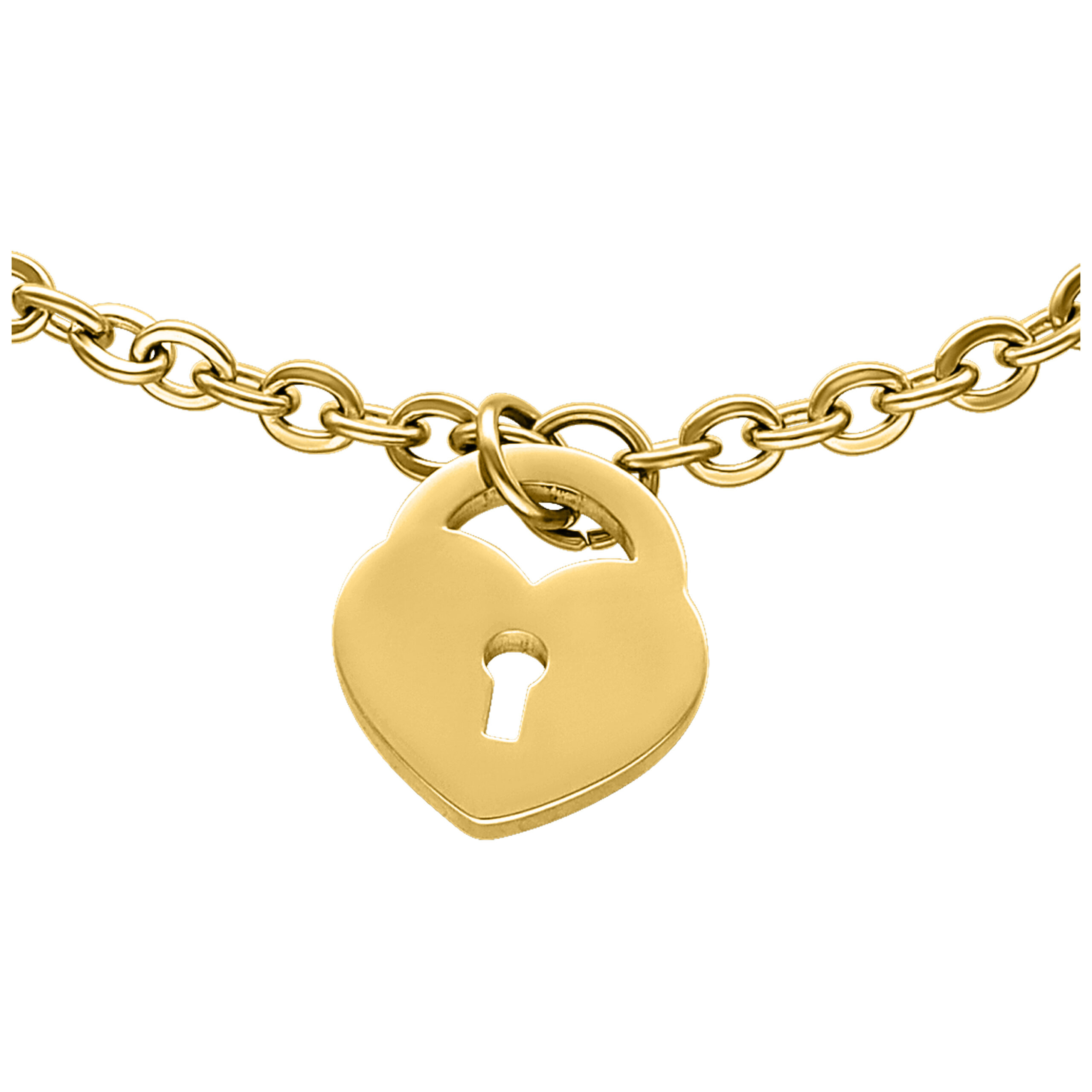 Bracciale dorato con lucchetto a cuore su sfondo bianco