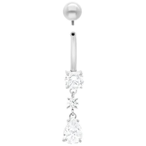 Piercing a banana in argento con gocce di cristallo trasparenti su sfondo bianco