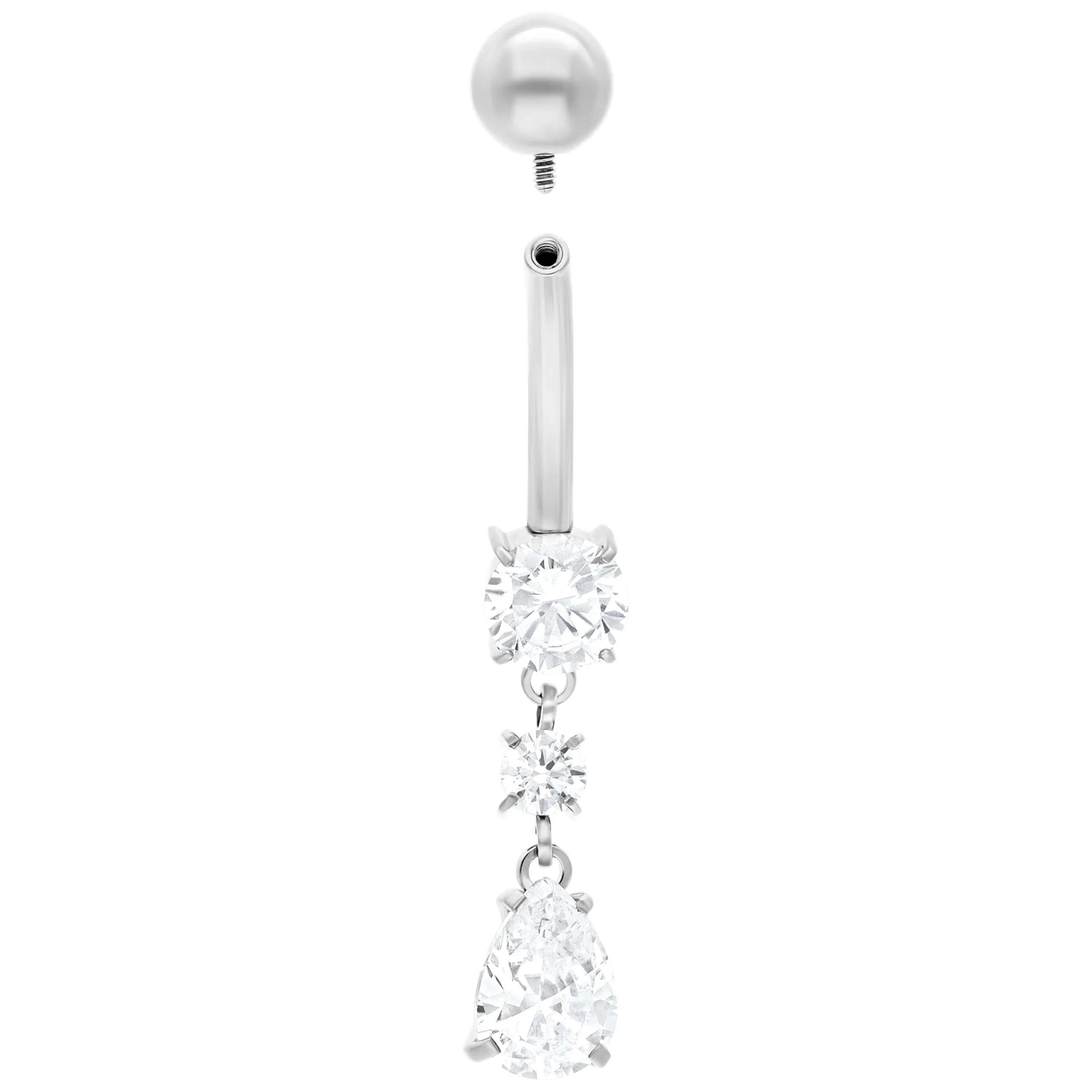 Piercing a banana in argento con gocce di cristallo trasparenti su sfondo bianco