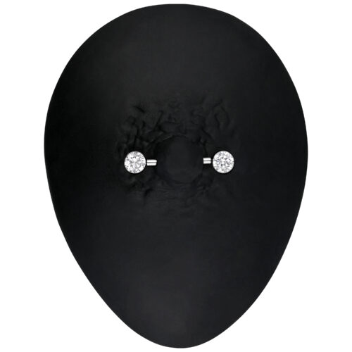 Barbell per capezzolo in titanio color argento con cristalli chiari su sfondo nero