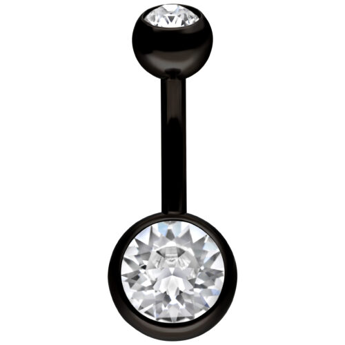 Piercing ombelico in titanio nero con cristallo chiaro su sfondo bianco