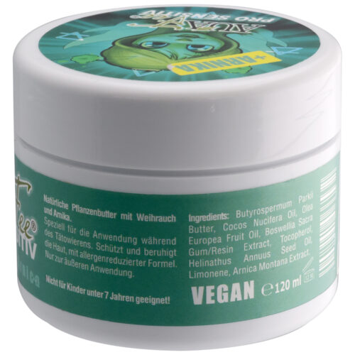 Barattolo rotondo bianco con etichetta verde e scritta 'PRO Sensitiv con Arnica', 120ml