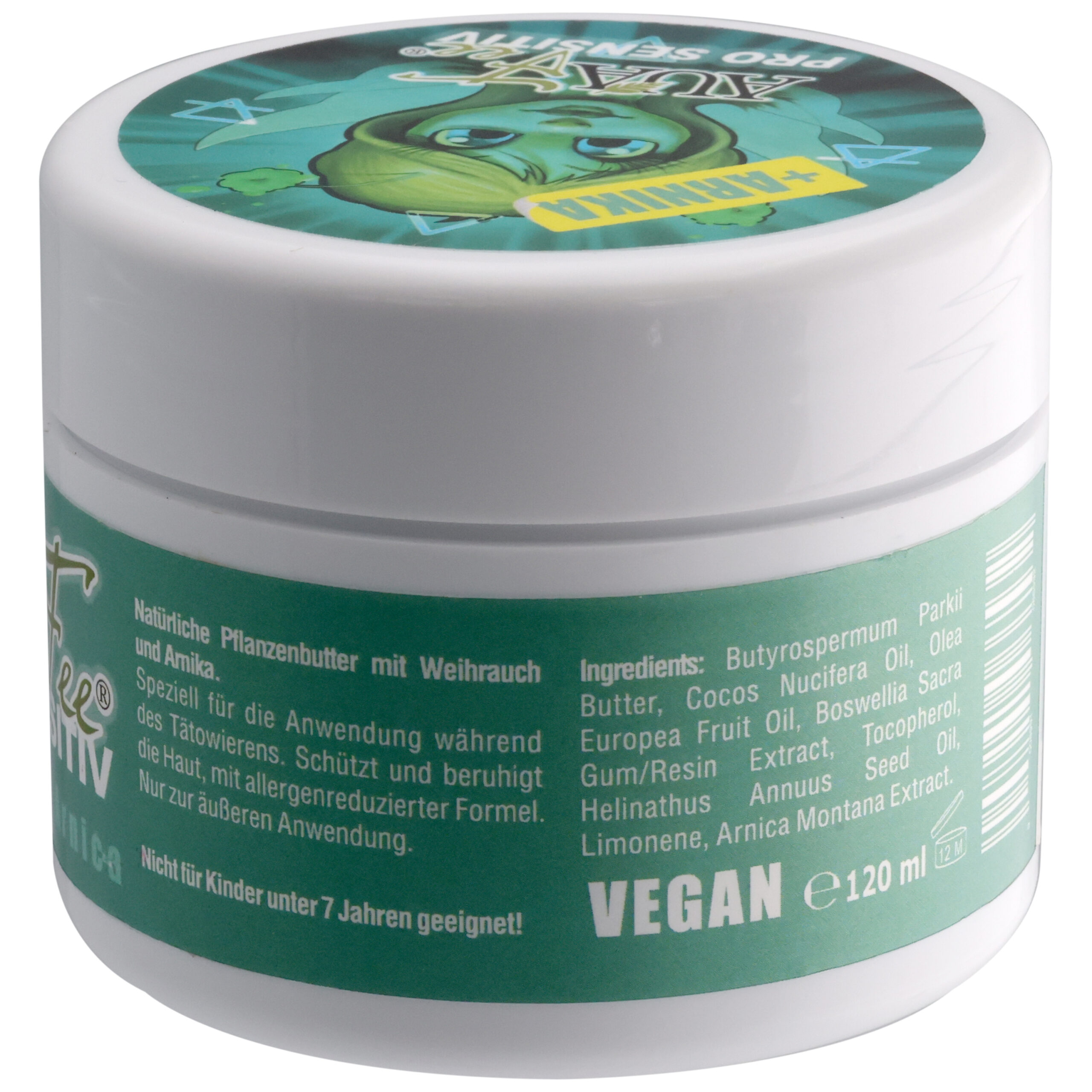 Barattolo rotondo bianco con etichetta verde e scritta 'PRO Sensitiv con Arnica', 120ml