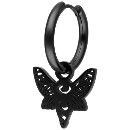 Orecchino nero con ciondolo a farfalla su sfondo bianco