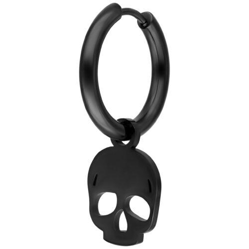 Orecchini neri con pendente a forma di teschio su sfondo bianco