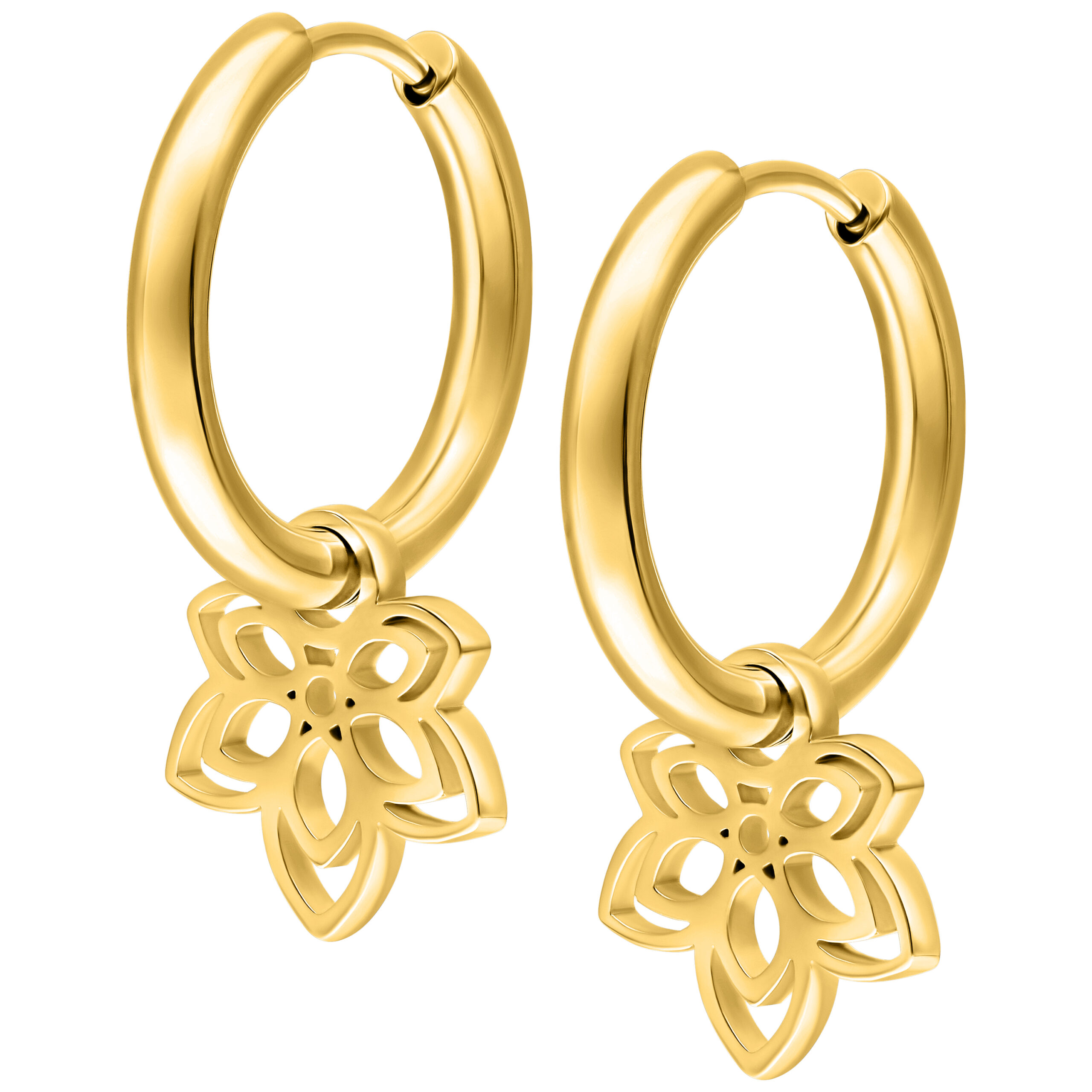 Little Flower Hoops Orecchini Dorati Orecchini a cerchio dorati con pendente floreale su sfondo bianco