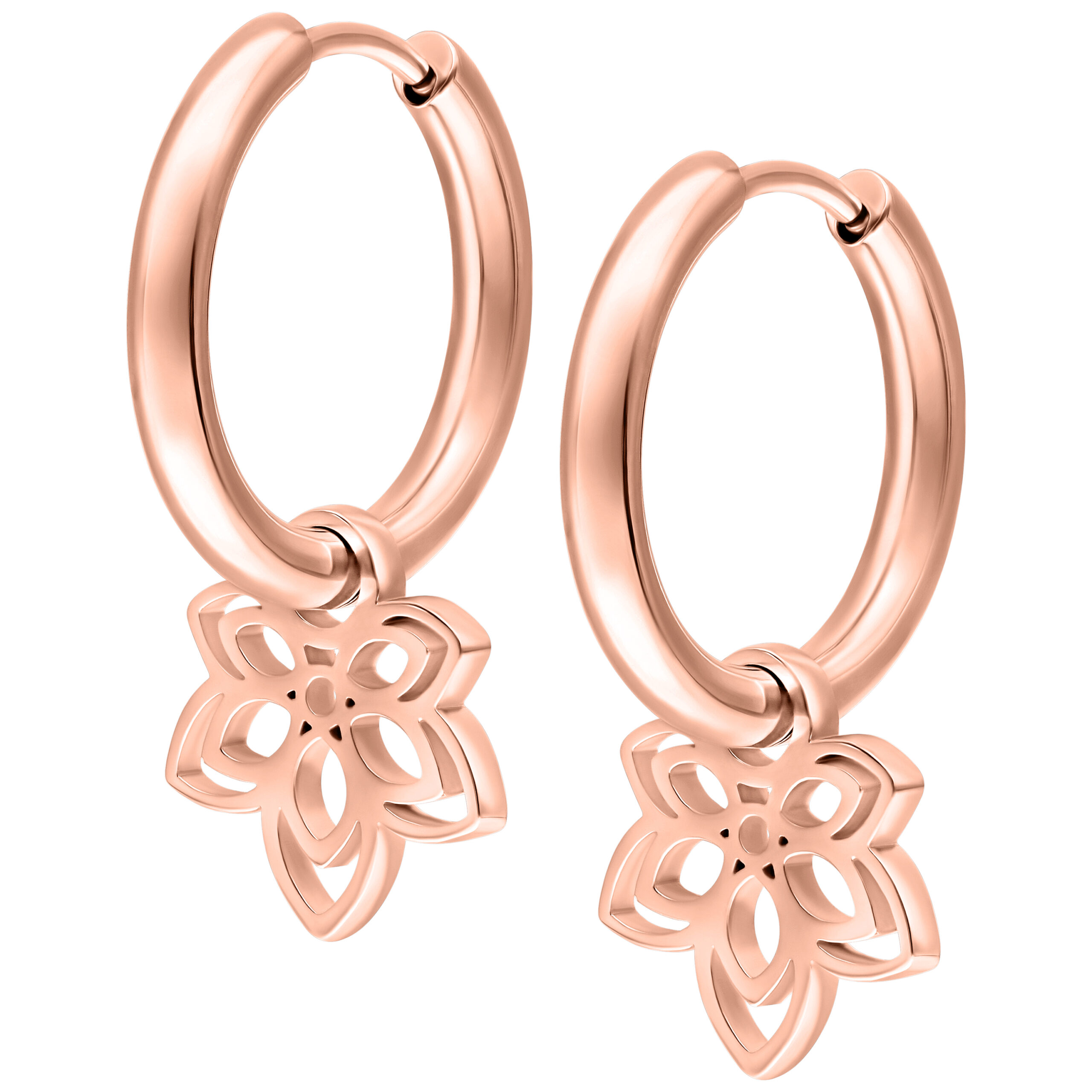 Creole in oro rosa con pendente a fiore su sfondo bianco