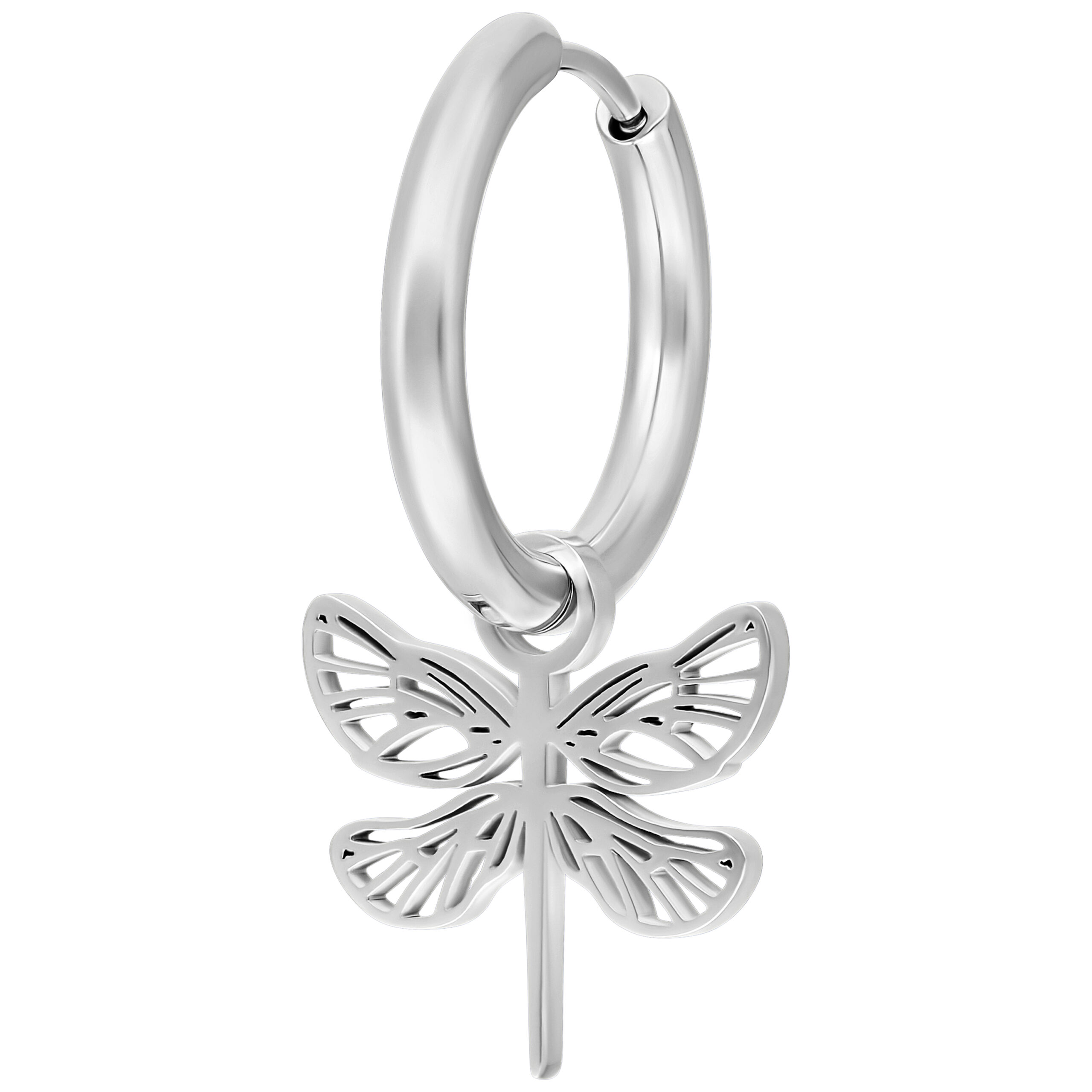 Orecchino color argento con ciondolo a farfalla su sfondo bianco