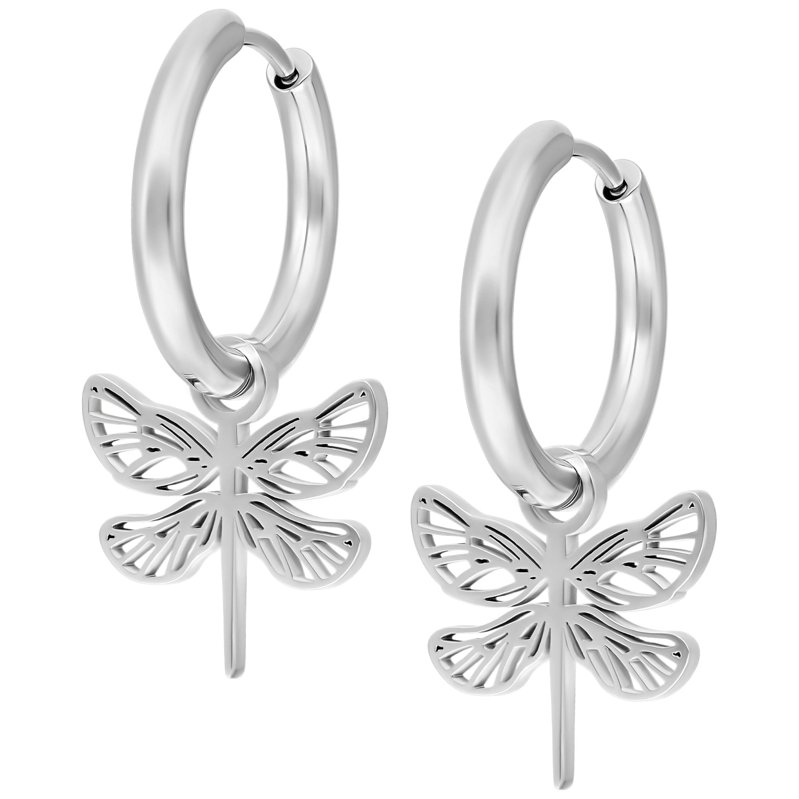 Creole d'argento con piccoli ciondoli a fiore su sfondo bianco