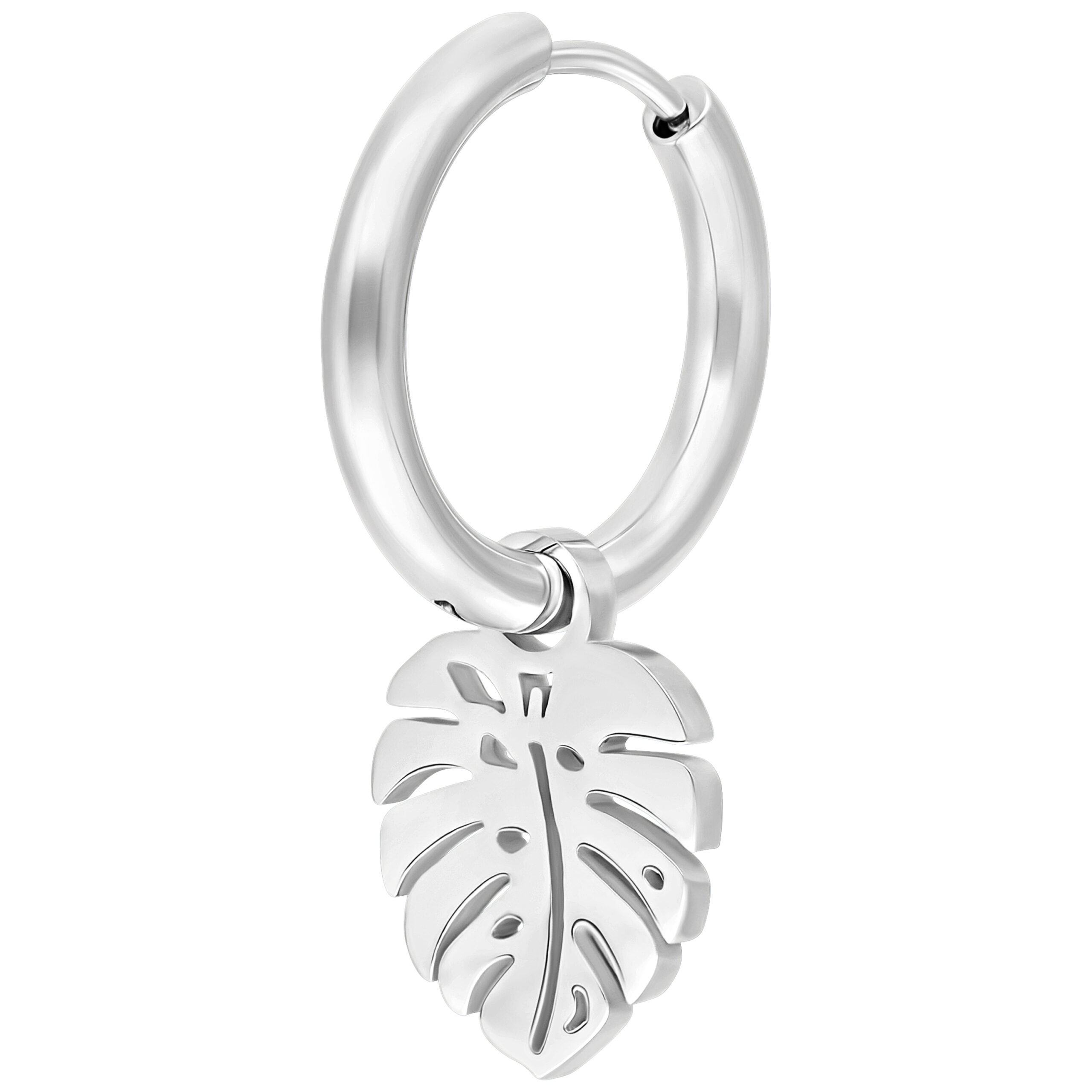 Orecchino color argento con ciondolo a foglia di Monstera su sfondo bianco