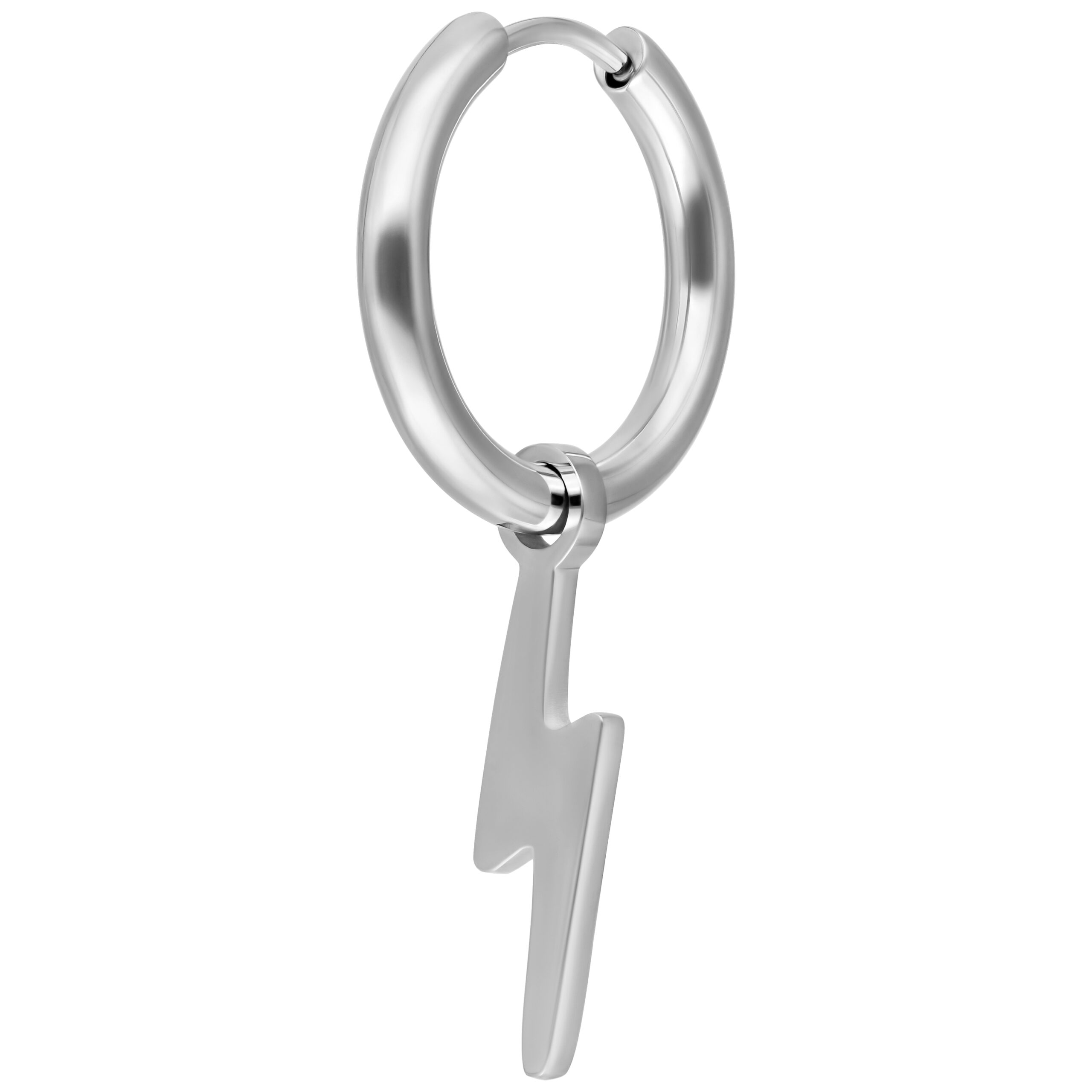 Orecchino in argento con ciondolo a forma di fulmine su sfondo bianco