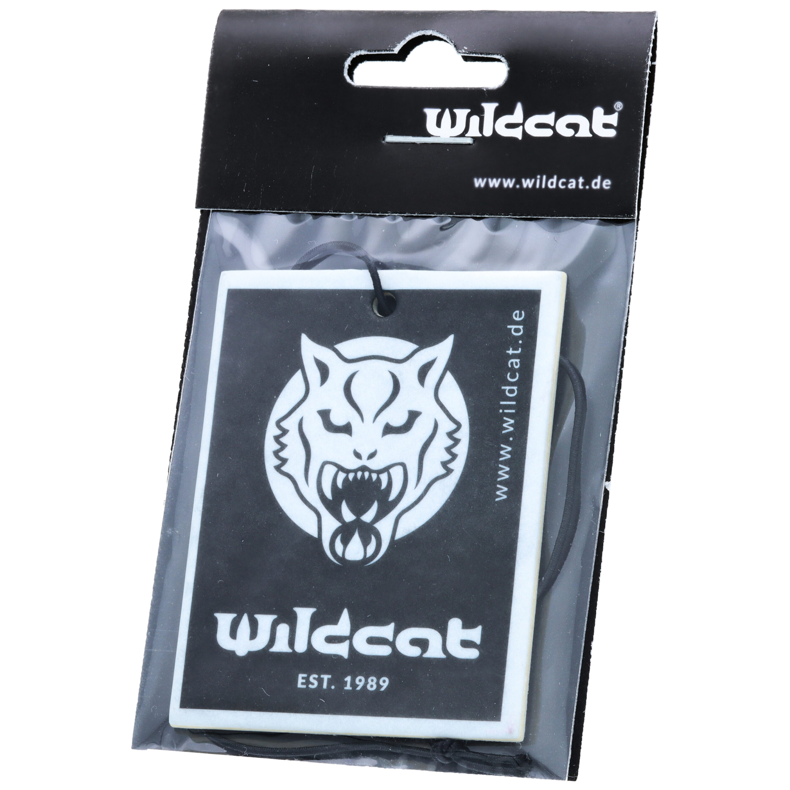 Wildcat deodorante per auto dal design classico Deodorante Wildcat nero con logo del lupo, confezionato in pellicola trasparente