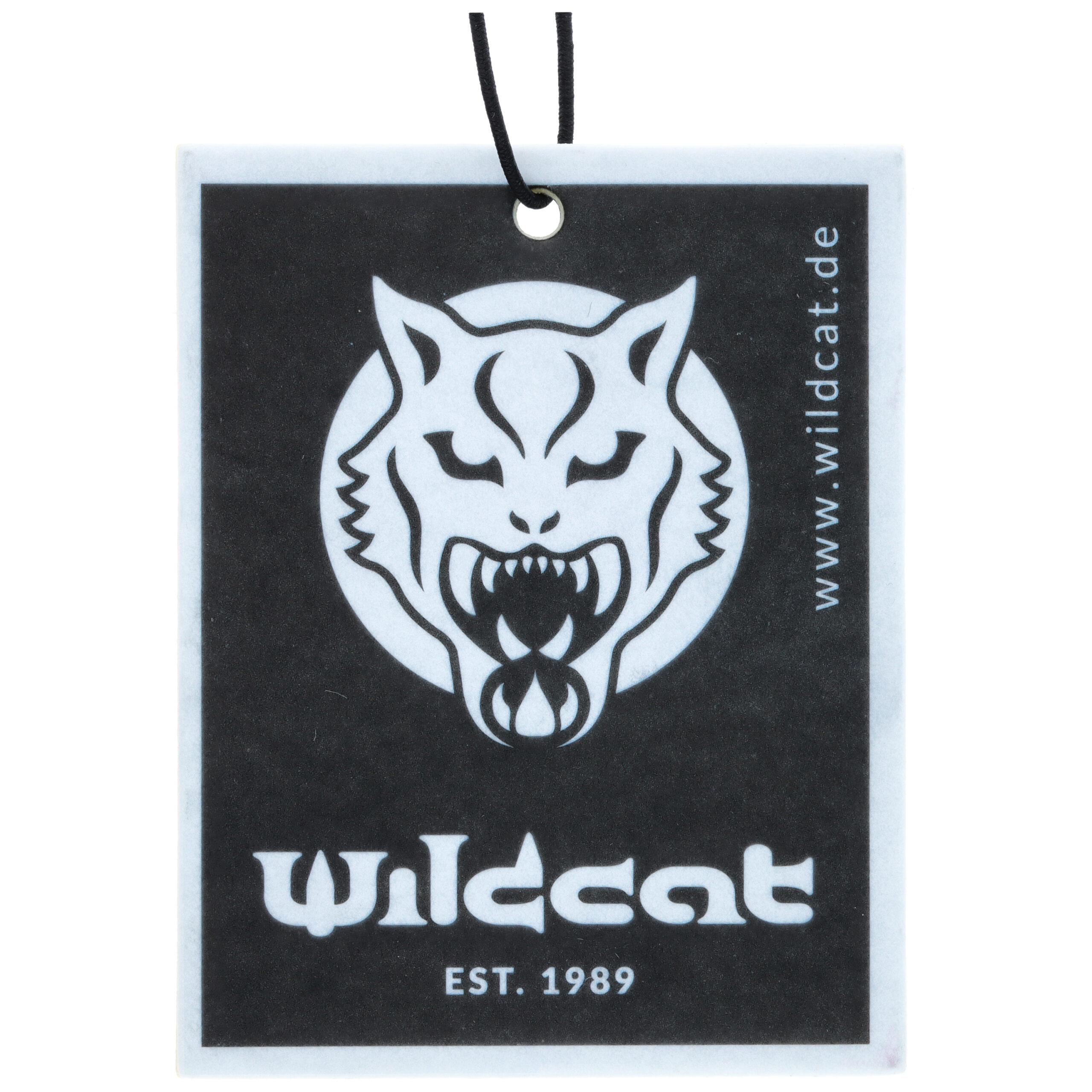 Wildcat profumo auto in bianco e nero Profumo auto rettangolare Wildcat con logo nero di gattopardo su sfondo bianco