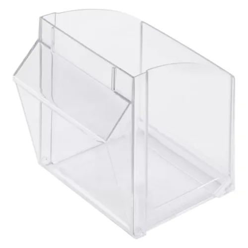 Display trasparente Staladisplay in plastica con bordi arrotondati su sfondo bianco