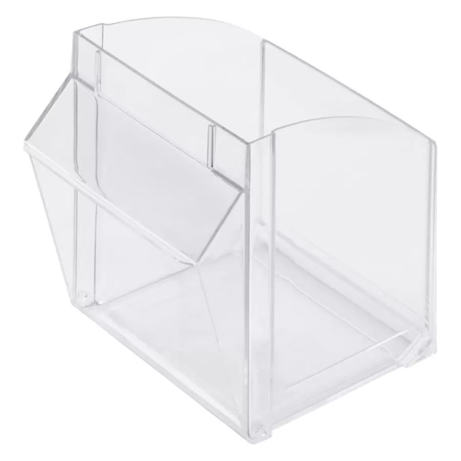 Display trasparente Staladisplay in plastica con bordi arrotondati su sfondo bianco