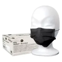 Maschera nera MaiMed Comfort Maschera facciale nera monouso MaiMed su testa modello bianca con confezione sullo sfondo
