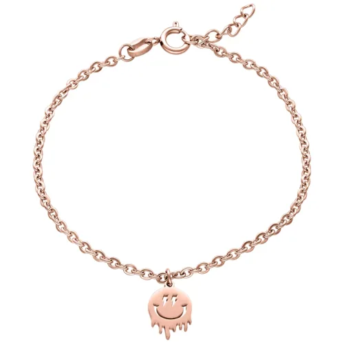 Bracciale in oro rosa con ciondolo a forma di smiley su sfondo bianco