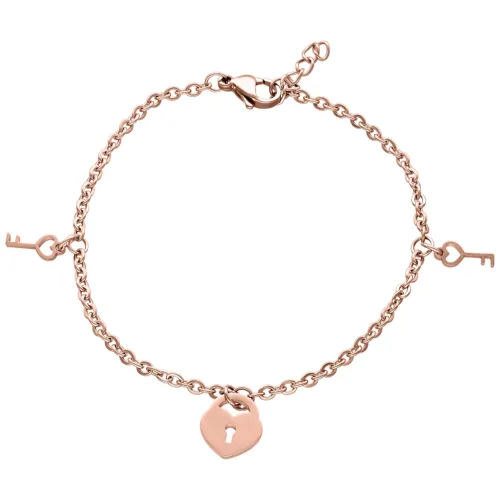 Bracciale in oro rosa con chiavi e ciondolo a cuore su sfondo bianco